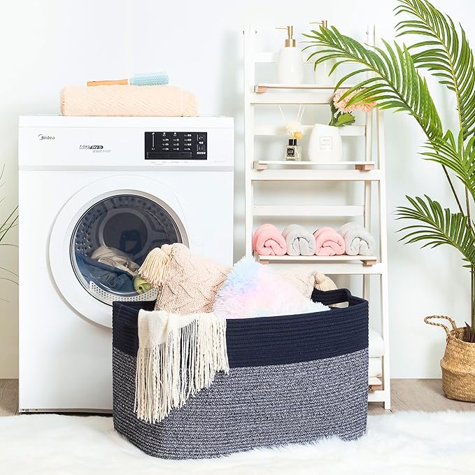 MINTWOOD Design 22in Extra Large Blanket Basket Holder for Living Room, Rectangle Rope Woven Storage Bin with Handles for Laundry, Pool Towels, and Shoes, Dog Toy Box Organizer, Navy Blue-VerdiqueGarden