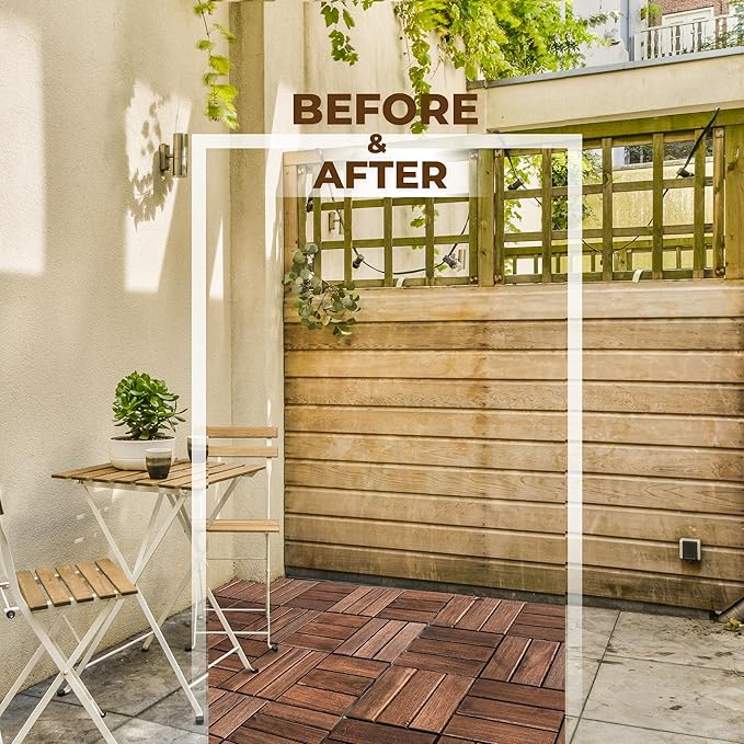 Pack of 10 Deck Tiles - 12"x12" Interlocking Natural Solid Acacia Wood for Outdoor & Indoor, Patio Garden, Balcony, Poolside - Dark Brown Color-VerdiqueGarden