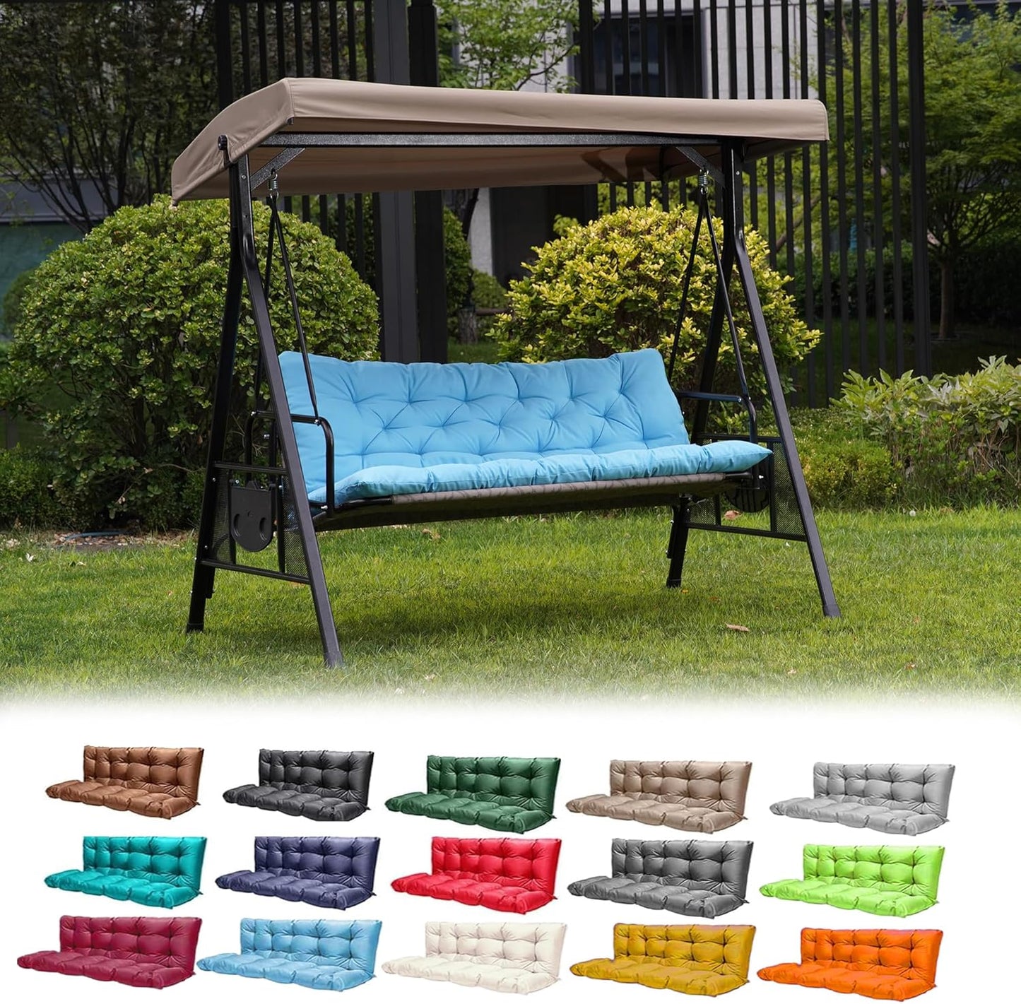 Porch Swing Cushions,Outdoor Cushions 3 Seater Replacement with Backrest, Waterproof Thickened Bench Cushion with Ties for Porch, Patio,Outdoor, Backyard and Garden (Sky Blue 60 * 40 in)-VerdiqueGarden
