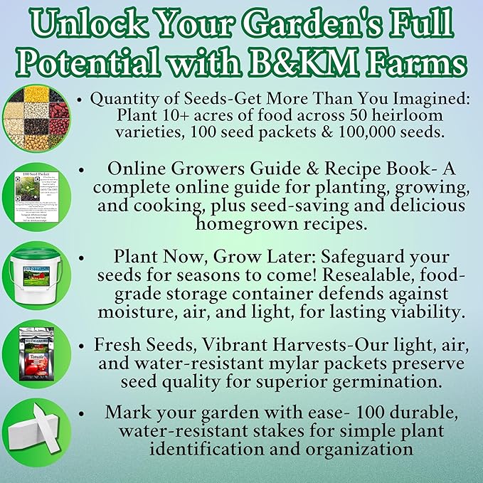 100 Seed Packets, 50 Varieties: Ultimate Seed Vault for Home Food Security & Abundant Gardens by B&KM Farms-VerdiqueGarden