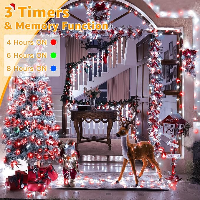 Ollny Christmas Lights Outdoor 800LED 262FT, Red and White Plug in Fairy Lights with Remote, 8 Modes Waterproof Timers Dimmable LED String Lights for Indoor House Outside Bedroom Patio Balcony-VerdiqueGarden