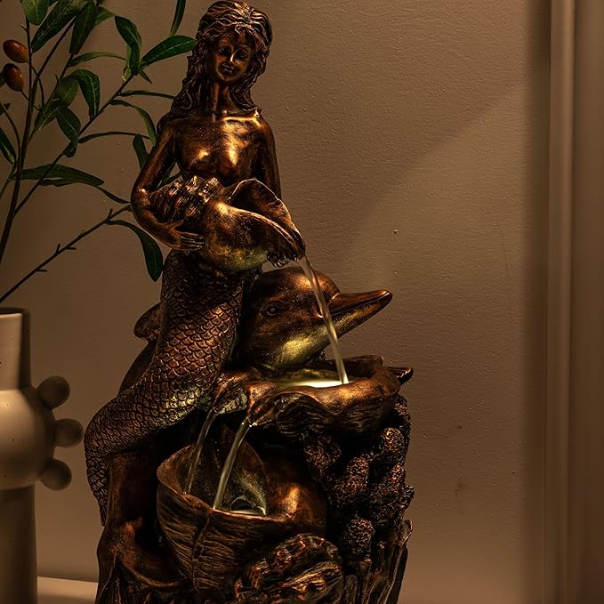 TERESA'S COLLECTIONS Mermaid Water Fountains Outdoor with LED Light Auto Slient Pump, Large Water Features for Yards Patio Garden Balcony Porch, Mermaid Garden Gifts for Mom, 21"-VerdiqueGarden