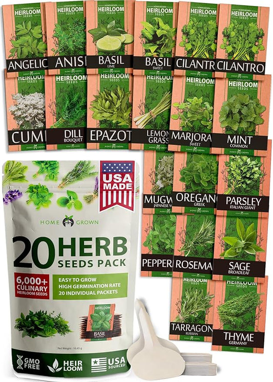 HOME GROWN 20 Herb Seeds for Planting 6,000+ Non-GMO Heirloom Seeds | Extra Large Variety Pack Herb Kit – Indoor Outdoor & Hydroponic | Culinary Seed Set | Grow Your Own Herbs | Gardening Gift-VerdiqueGarden