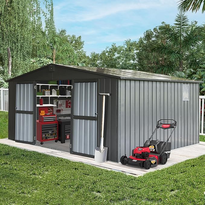Domi Outdoor Storage Shed 11' x 12.5', Metal Sheds Steel Utility Tool Storage House with Double Lockable Doors & Air Vents for Patio Garden Lawn Backyard, Dark Gray-VerdiqueGarden
