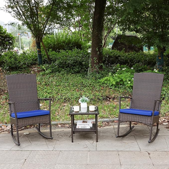 Rocking Chair Outdoor 3 Pieces High-Backed Patio Rocking Chairs Bistro Table and Chairs Set of 2, Royal Blue-VerdiqueGarden