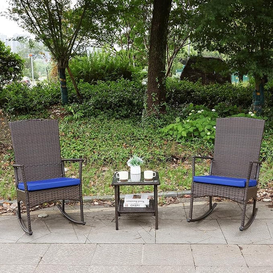 Rocking Chair Outdoor 3 Pieces High-Backed Patio Rocking Chairs Bistro Table and Chairs Set of 2, Royal Blue-VerdiqueGarden