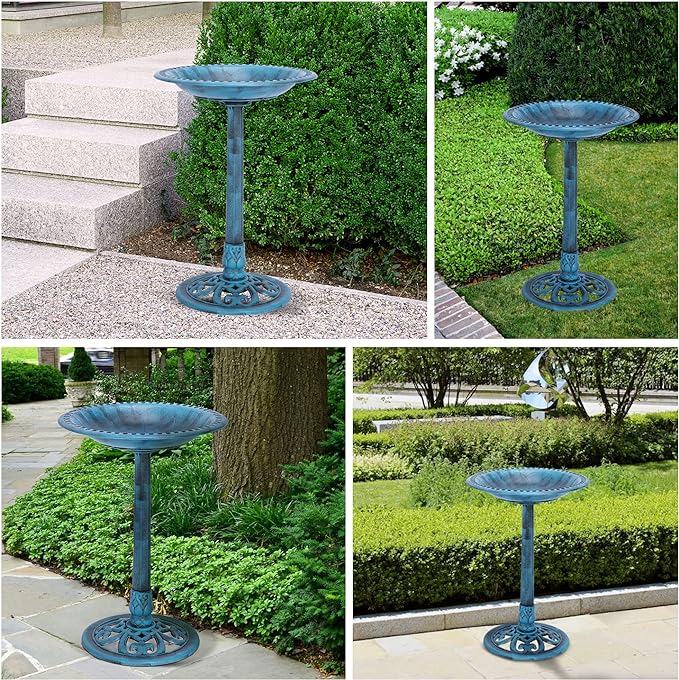 VIVOHOME 28 Inch Height Polyresin Lightweight Antique Outdoor Garden Bird Bath Blue-VerdiqueGarden