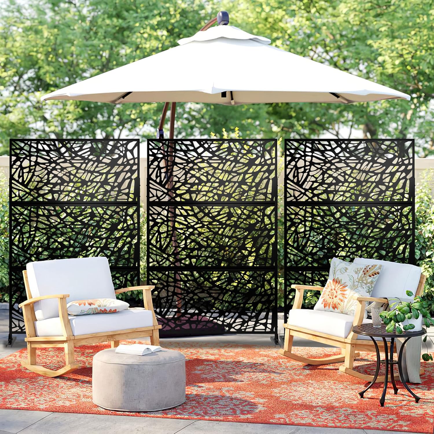 Metal Privacy Screen Outdoor 72" H×47" W,Freestanding Decorative Privacy Screen for Balcony Yard&Garden,Privacy Fence-Black&Net-VerdiqueGarden