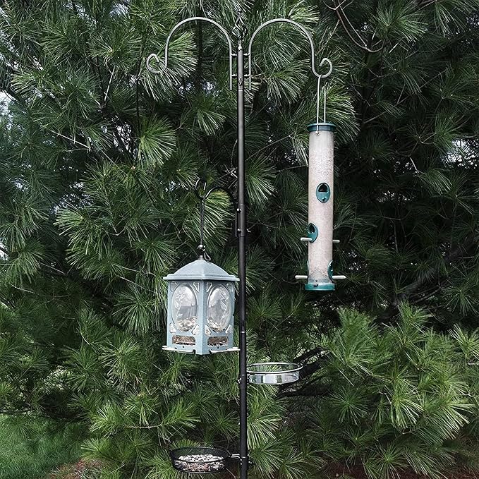 Ashman Deluxe Bird Feeding Station (1 Pack) Bird Feeders for Outside - Multi Feeder Pole Stand Kit with 4 Hangers, Bird Bath and 3 Prong Base for Attracting Wild Birds - 22 Inch Wide x 92 Inch Tall.-VerdiqueGarden