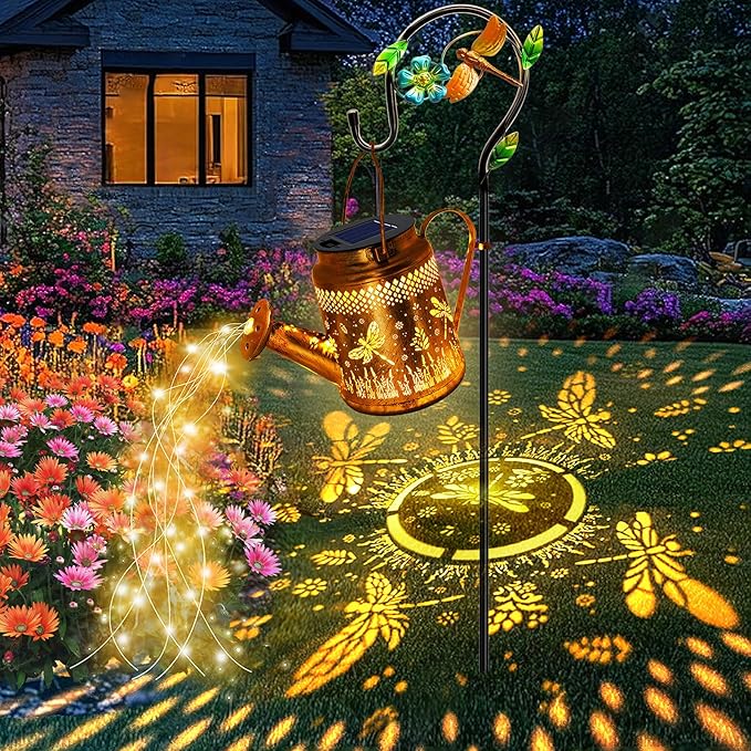Solar Powered Dragonfly Watering Can Lights Waterproof Outdoor Garden Decor with Shepherd Hook, Hanging Patio Lights for Yard, Porch, Backyard Perfect Gardening & Birthday Gift for Women, Mom, Grandma-VerdiqueGarden