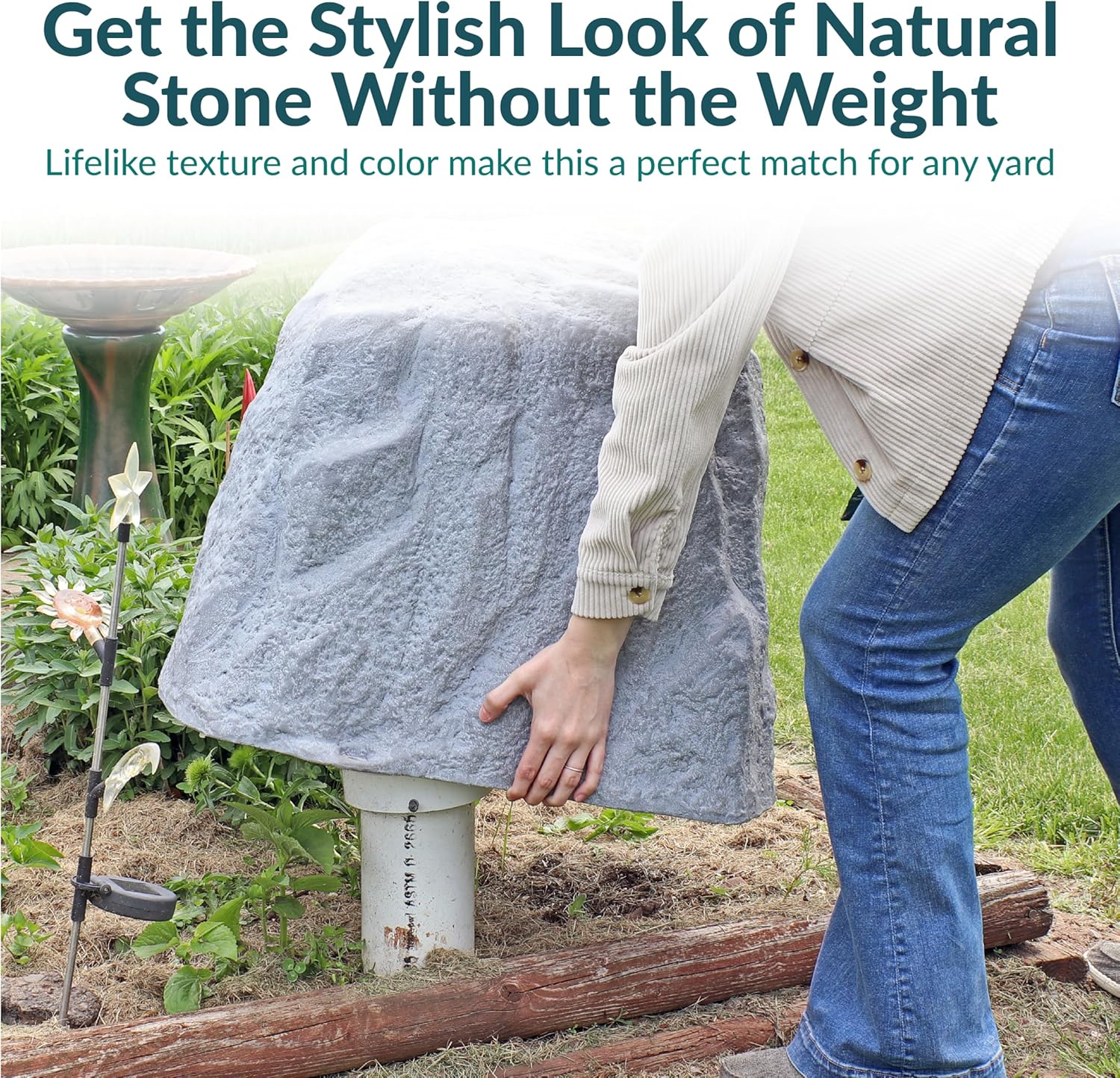 Sunnydaze 21.5” H Polyresin Faux Landscape Rock Cover - Lightweight Fake Rock Well Pump Cover for Outside - Gray-VerdiqueGarden