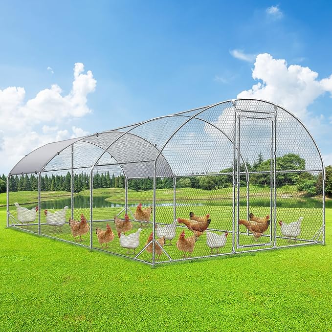 4ever2buy Large Metal Chicken Coop with Run Walk-in Poultry Cage Chicken Runs House Pen Cage Dome Roofed Chicken Coops with Anti-Ultraviolet Cover for Outdoor Backyard Farm Use 9.5'W x 19.3'L x 6.3'H-VerdiqueGarden