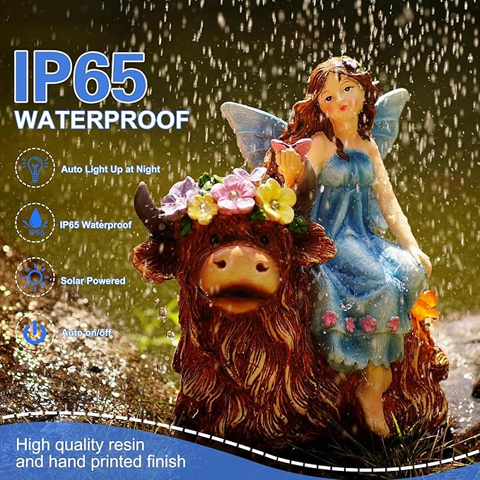 Solar Angel Garden Statue - Garden Fairy Sitting on a Highland Cow with Flowers, Butterflies and 5 LED Lights - Decorate Table, Terrace, Lawn, Birthdays, Grandma, mom-VerdiqueGarden
