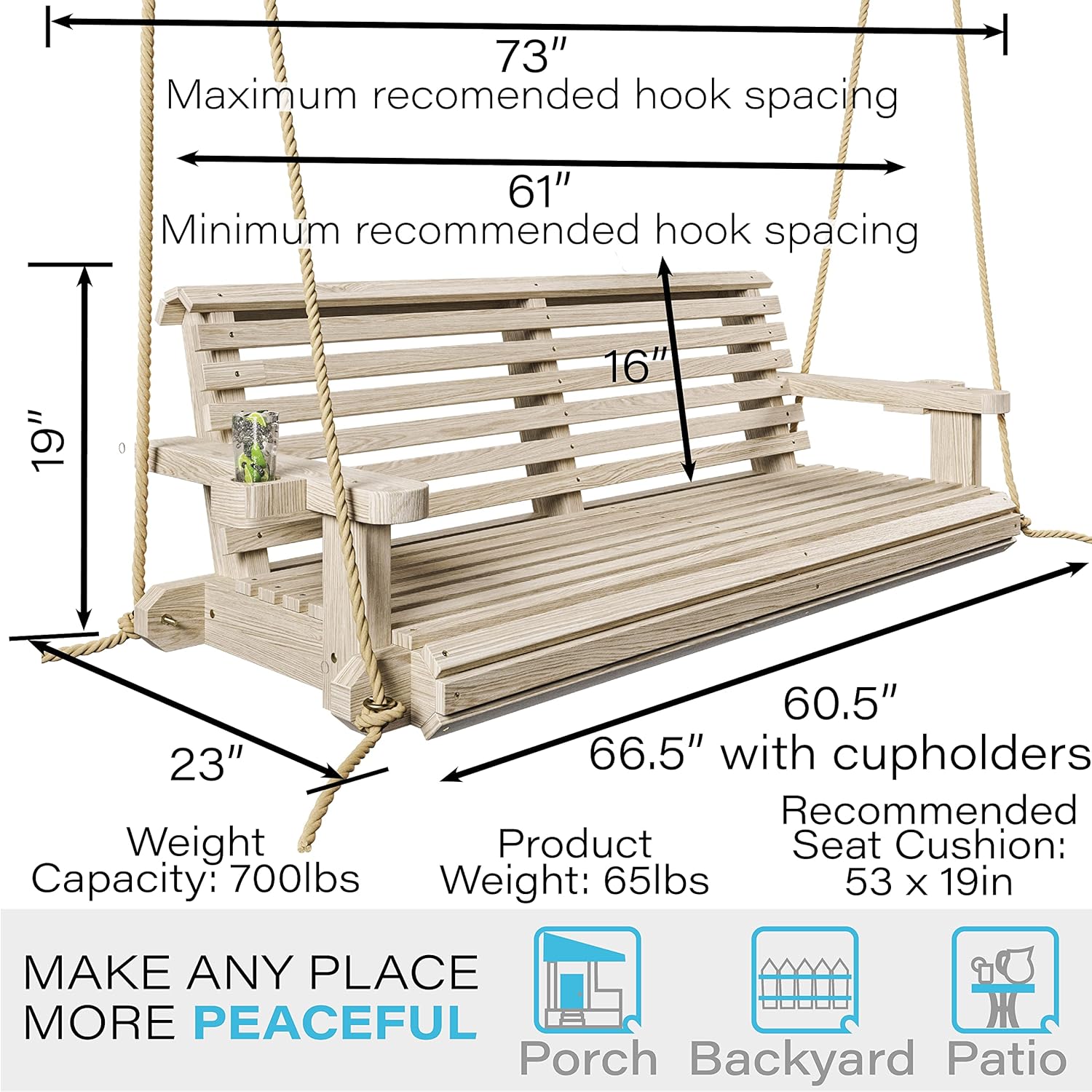Porchgate Amish Heavy Duty 800 Lb Roll Comfort Treated Porch Swing W/Ropes (5 Foot, Unfinished)-VerdiqueGarden
