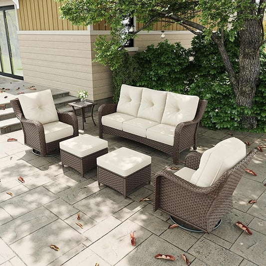 6 Pieces Outdoor Patio Furniture Sets with Rocking Swivel Chairs with 6-inch Thick Cushion and Side Table for Deck Lawn-VerdiqueGarden