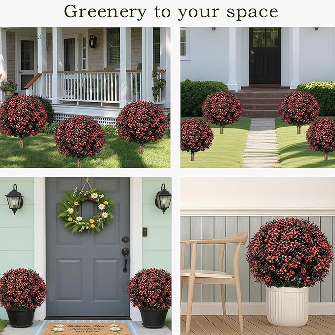 Fall Artificial Topiary Ball Boxwood Tree Outdoor with Spike,Set of 2 Large Faux Shrubs Bushes for Outdoor Planter,UV Resistant Autumn Fake Boxwood Plants for Potted Porch Indoor 24"-VerdiqueGarden