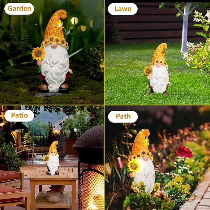 Garden Gnomes Outdoor - Sunflower Gnome Statue with Solar LED Lights for Yard, Patio, Lawn Ornaments - Best Garden Gifts for Mothers Day, Housewarming, Festival-VerdiqueGarden
