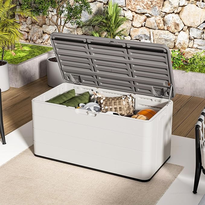 Premium Pro Edition 100 Gallon Lockable Resin Deck Box, Waterproof & UV-Resistant Outdoor Storage Box for Outdoor Cushion Storage, Garden Tools & Pool Accessories Storage, White-VerdiqueGarden