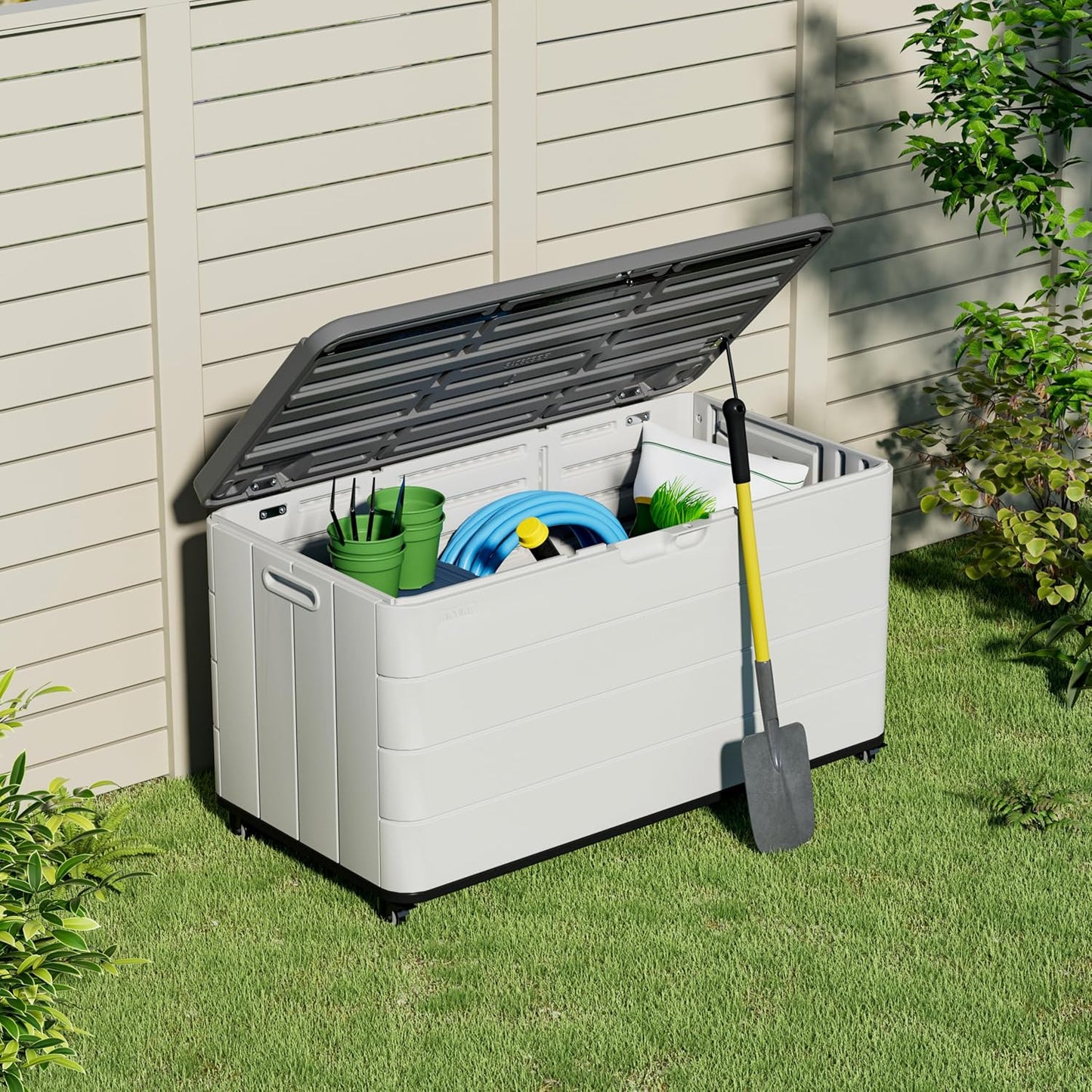 100GAL White Resin Deck Box with Wheels – Lockable, Waterproof, SGS-Tested UV Resistance, Spacious Outdoor Storage for Patio Cushions & Pool Gear, Easy Assembly-VerdiqueGarden