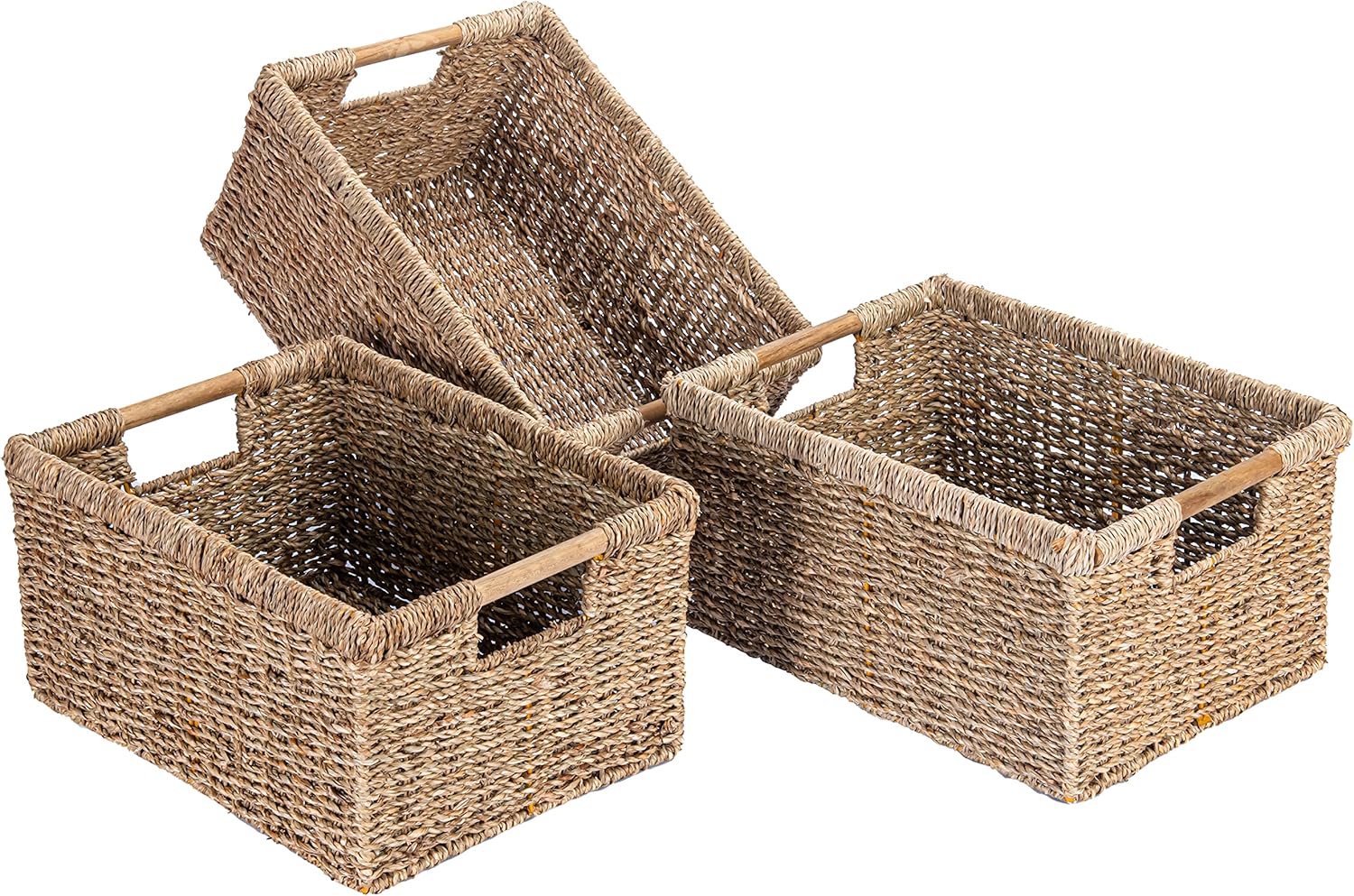 Large Wicker Basket Rectangular with Wooden Handles for Shelves, Seagrass Basket Storage, Natural Baskets for Organizing, Wicker Baskets for Storage - 3 Pack Large-VerdiqueGarden