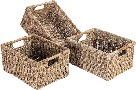 Large Wicker Basket Rectangular with Wooden Handles for Shelves, Seagrass Basket Storage, Natural Baskets for Organizing, Wicker Baskets for Storage - 3 Pack Large-VerdiqueGarden