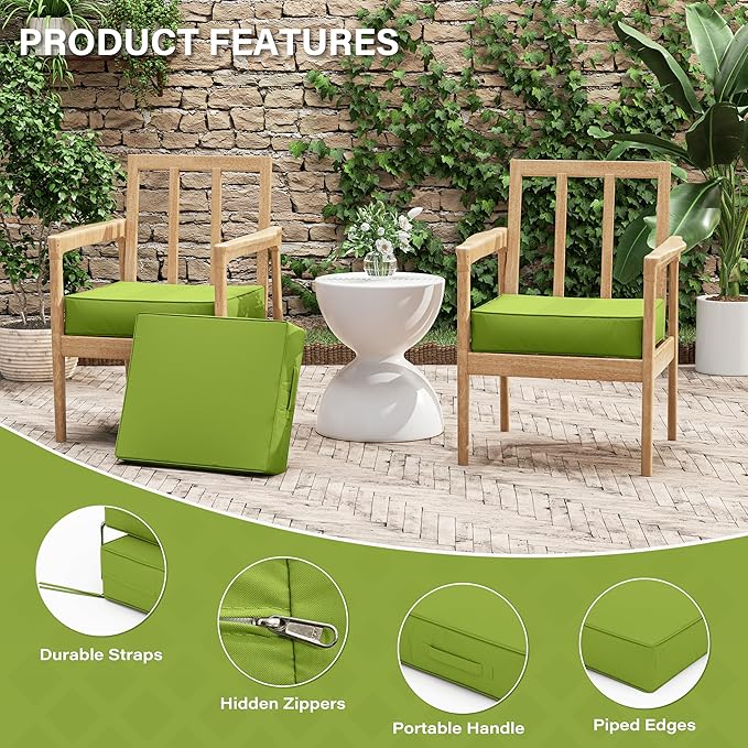 Patio Chair Cushions 18.5 X 16 X 4 Inch Waterproof Outdoor Seat Cushions for Patio Furniture, Outdoor Sofa Couch Pads with Ties & Handle, Set of 2, Grass Green-VerdiqueGarden