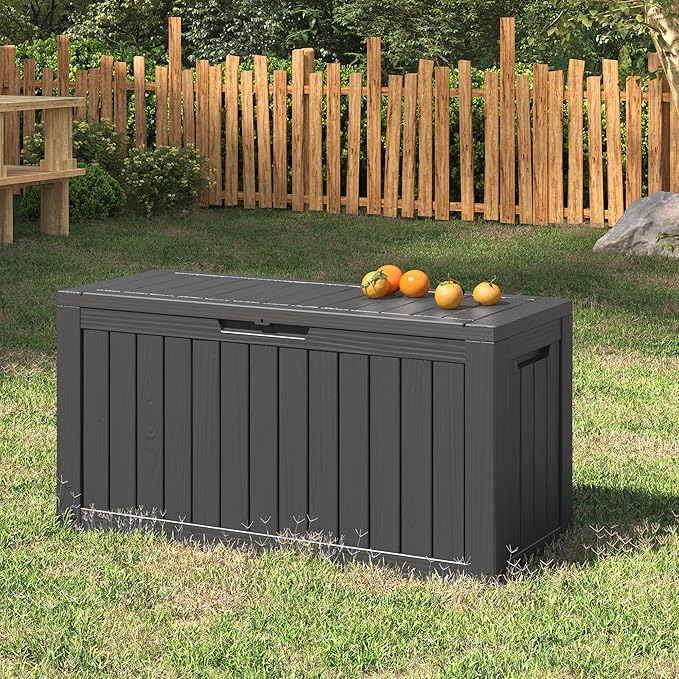 NUNU LAB 75 Gallon Outdoor Storage Box,Large Resin Sturdy Deck Box, Backyard Outside Storage Box Waterproof with Double Wall Panels,Package Delivery Garden Hose Storage Bin Outdoor Tool-VerdiqueGarden