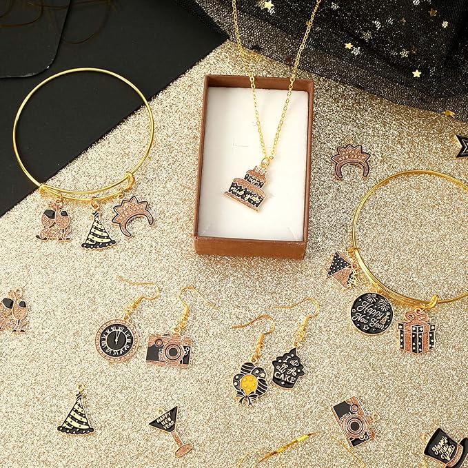 MARFOREVER 40Pcs/20 Pairs New Year Charms for Jewelry Making, New Year’s Eve Clock Hat Star Champagne Flute Glittery Enamel Pendants for Bracelet Necklace Earrings Making Accessories