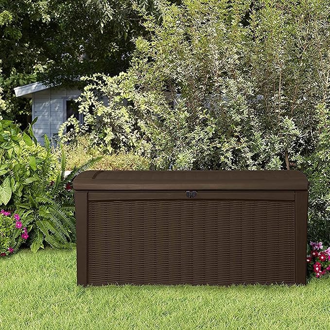 Keter Outdoor Storage Deck Box, for Patio, Backyard & Garden, Borneo, 110 Gallon, Brown - Lockable, Organizing, and Waterproof Plastic Container Bench-VerdiqueGarden