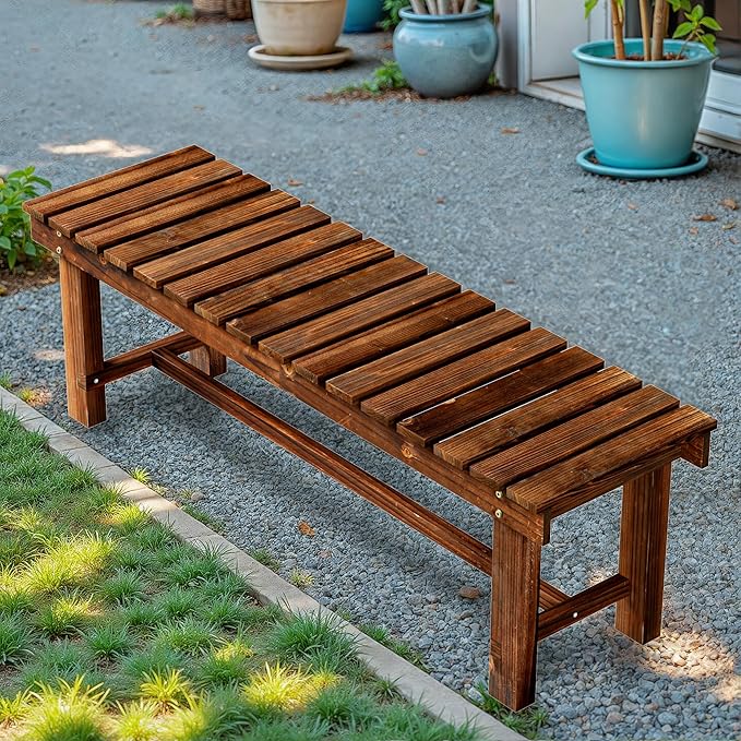 Outdoor Garden Bench, Weatherproof Patio Benches 3-Person Seat Backless Wooden Porch Bench, Multifunctional Slat All Weather Bench for Garden Lawn Porch Park Backyard (Carbonized Brown, 47.2 inch)-VerdiqueGarden