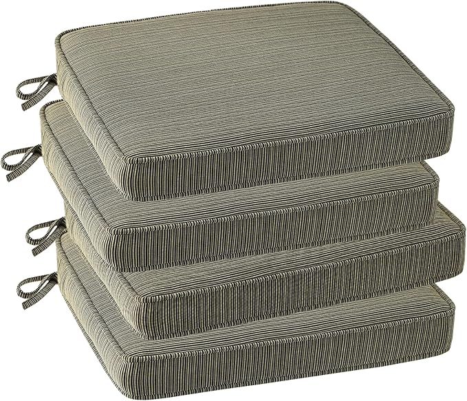 Outdoor Square Corner Seat Cushion, 19"x19"x3", Set of 4, Non Slip Seat Cushion Pads with Removable Cover for Patio Furniture, Garden Yard Lawn, Dark Black Tan Stripe-VerdiqueGarden