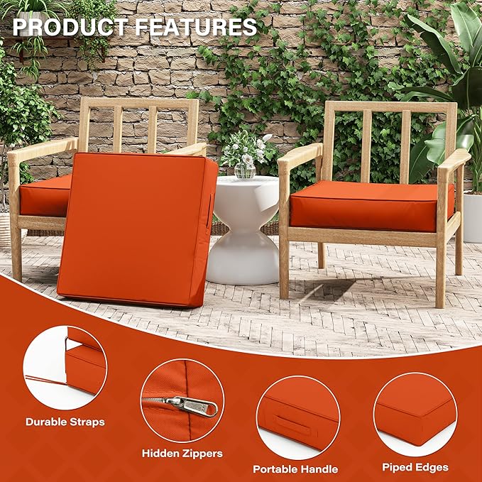 Patio Chair Cushions 24 X 24 X 5 Inch Waterproof Outdoor Seat Cushions for Patio Furniture, Outdoor Sofa Couch Pads with Ties & Handle, Set of 2, Orange-VerdiqueGarden