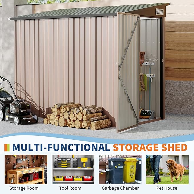 4x8 FT Metal Outdoor Lean to Storage Shed, Lean to Garden Shed Utility Tool Shed, Heavy-Duty Outdoor Metal Wall Side Storage Sheds-VerdiqueGarden