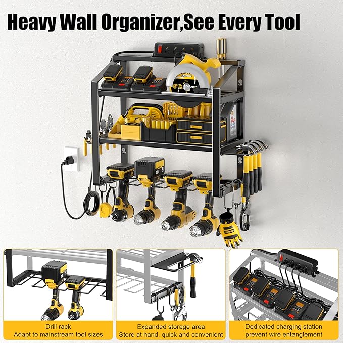 Power Tool Organizer With Charging Station, Heavy Duty Steel 4 Slots, Tool Battery Holder with 4 Outlet Power Strip, Easy To Install Garage Storage Rack for Workshop/Shed Gift For Men-VerdiqueGarden