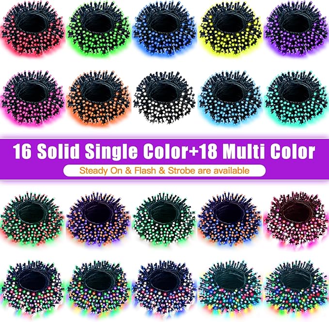 LitHome 100LED Solar Christmas Lights Outdoor, 33FT 34Colors Solar/USB String Lights Waterproof with Remote, 102 Modes Color Changing Halloween String Light Dimmable for Indoor Xmas Tree Party Decor-VerdiqueGarden