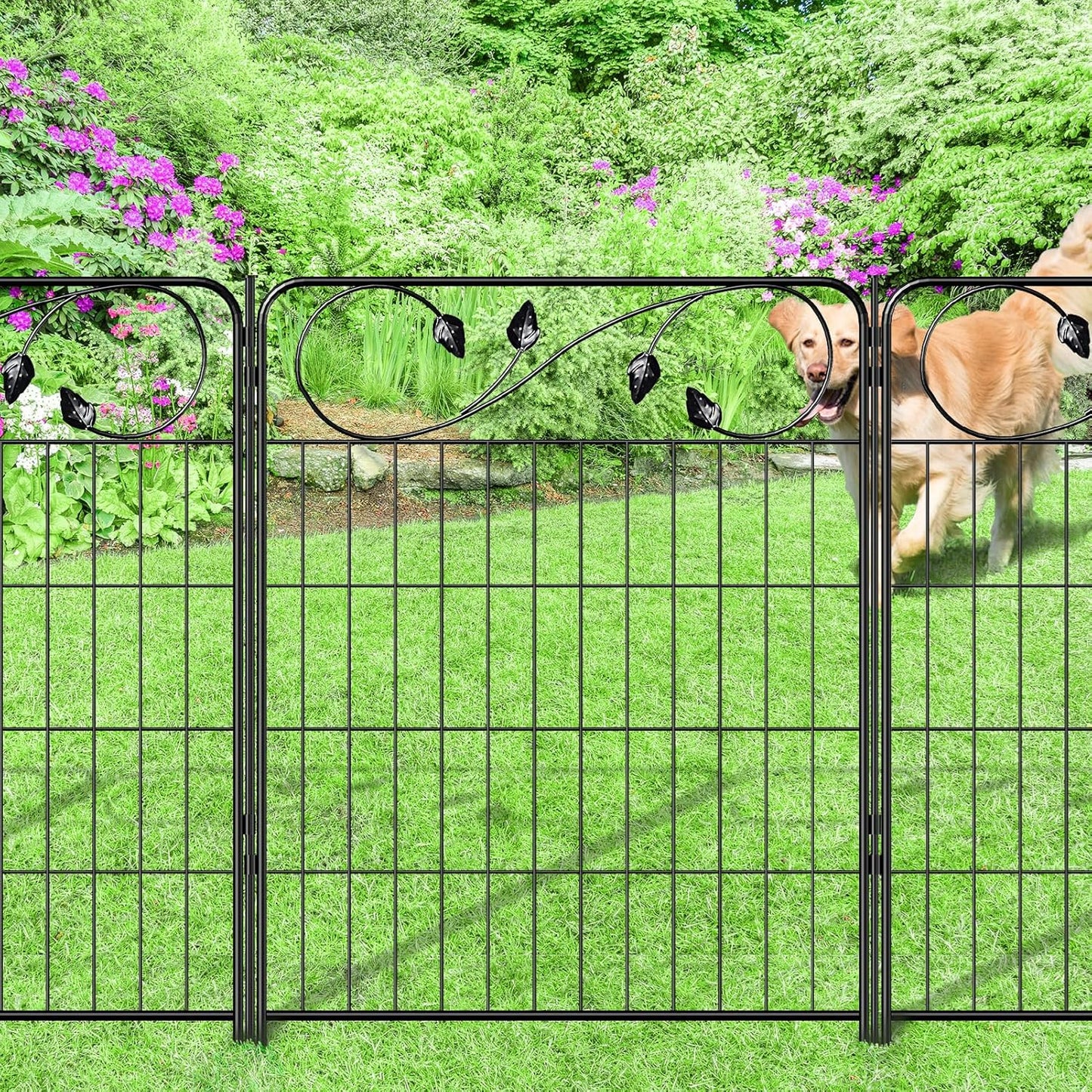 Decorative Outdoor Garden Fence 30in(H) X12ft(L) 6 Panels+7 Stakes Leaf Black Metal Garden Fencing for Landscape Lawn Patio, Temporary Animal Barrier Fences for Dogs-VerdiqueGarden