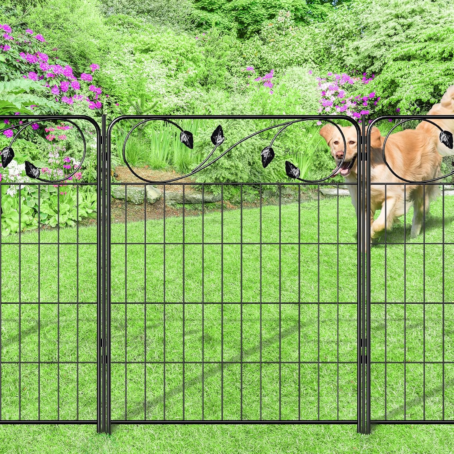 Decorative Outdoor Garden Fence 30in(H) X12ft(L) 6 Panels+7 Stakes Leaf Black Metal Garden Fencing for Landscape Lawn Patio, Temporary Animal Barrier Fences for Dogs-VerdiqueGarden