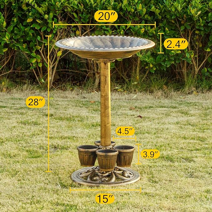 Bird Bath for Outside with 4 Removable Flower Planters 28in Polyresin Lightweight Vintage Birdbath for Outdoors Stake Standing Bowl and Water Feeder Yard Garden Decor Bronze-VerdiqueGarden