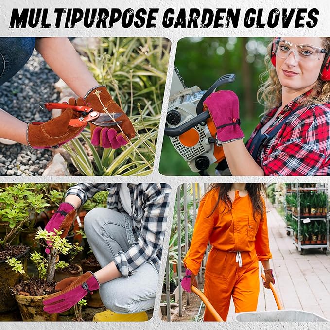 HLDD HANDLANDY Leather Work Gloves for Men & Women, Adjustable Wrist Cowhide Gardening Glove with Reinforced Palm for Driver-VerdiqueGarden