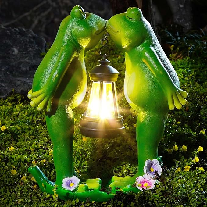 Solar Frogs Statue for Easter Garden Decor Solar Lantern LED Outdoor Decoration Figurines for Porch Patio,Yard,Lawn - Frog Gifts for Women Mom Grandma Wife (Kiss Frog)-VerdiqueGarden