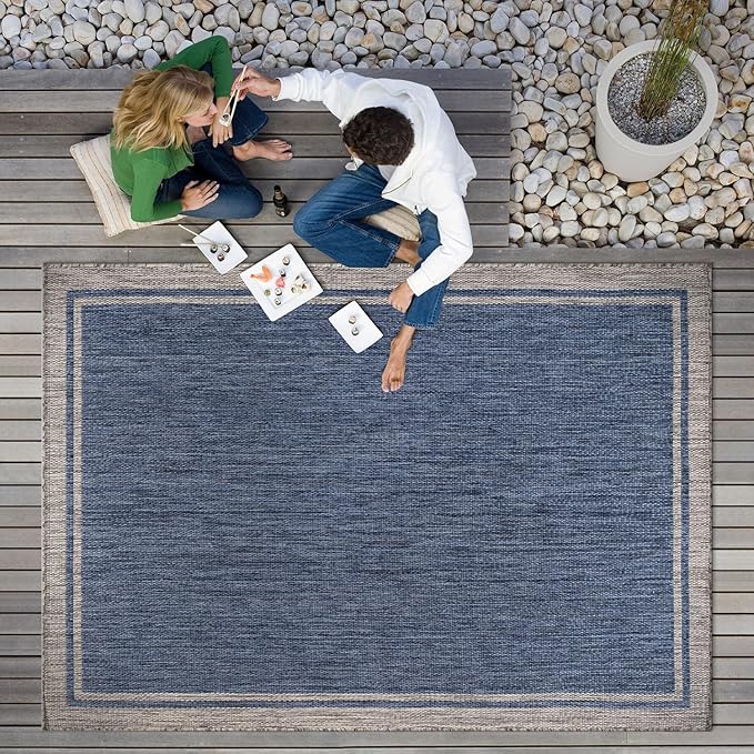 CAMILSON Outdoor Rug, 5x7 Bordered Navy Blue Gray Modern Area Rugs for Indoor and Outdoor Patios, Porches Waterproof Washable Porch Deck Outside Carpet (Bordered Navy, 5 x 7)-VerdiqueGarden