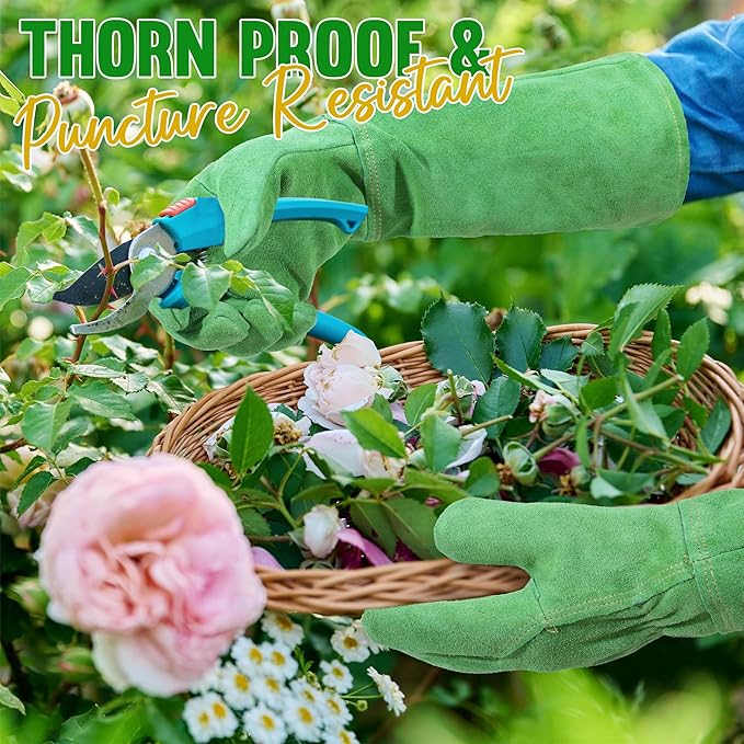 HANDLANDY Leather Gardening Gloves, Thorn Proof Long Gauntlet Heavy Duty Garden Gloves, Elbow Length Rose Pruning Weeding Yard Glove (Small, Green)-VerdiqueGarden