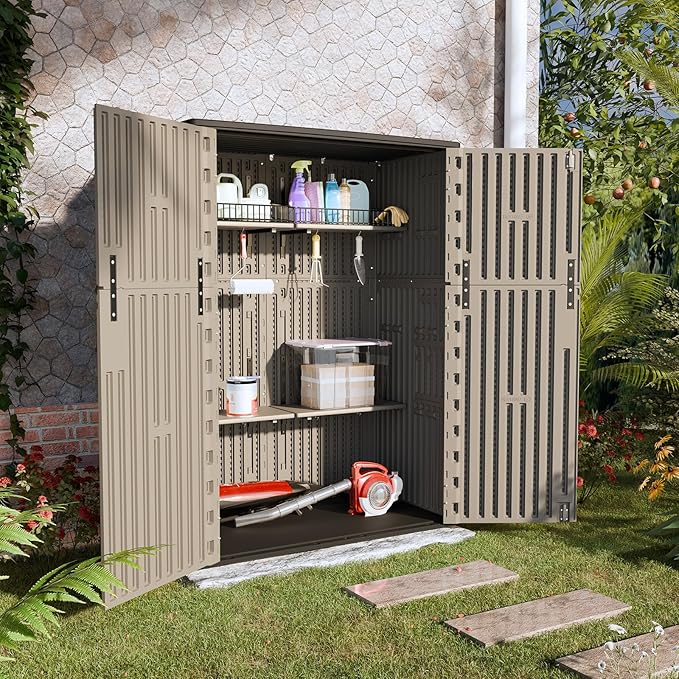 HOMSPARK Outdoor Storage Shed Weather Resistance, Patio Storage Cabinet Lockable Resin Tool Shed for Storage of Bike, Trash Cans, Garden Tools (Shallow Coffee, 66 Cu.ft)-VerdiqueGarden