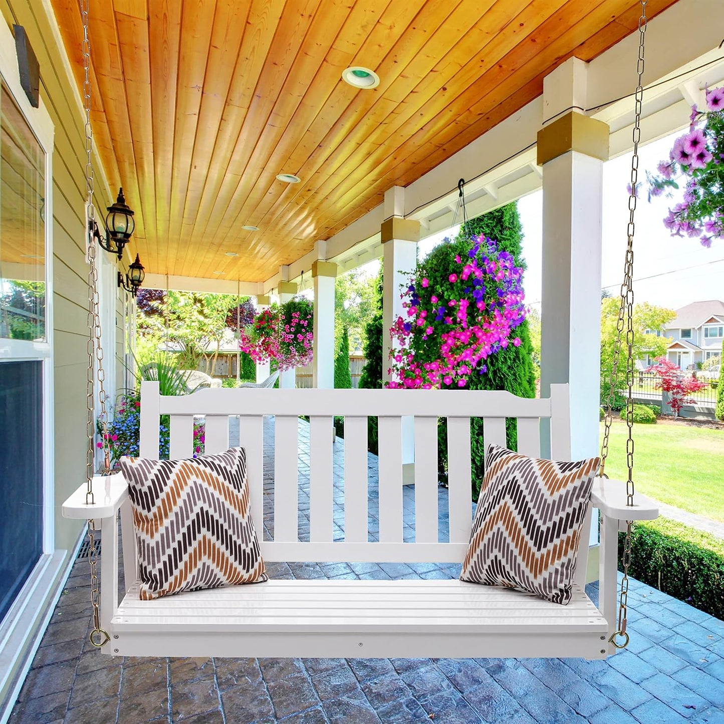 Anraja Wooden Porch Swing 2-Seater, Bench Swing with Hanging Chains, Heavy Duty 800 LBS, for Outdoor Patio Garden Yard, 4 Ft, White-VerdiqueGarden