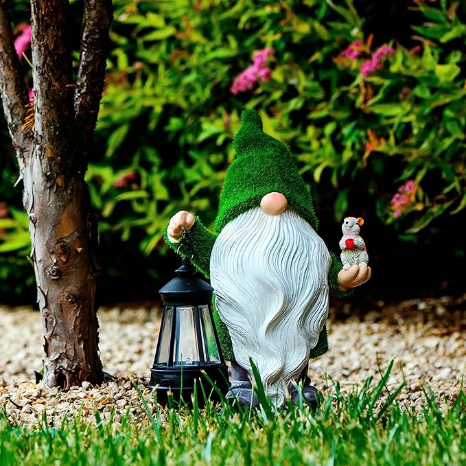 Garden Gnome with Squirrel 11.8, Gnomes with Solar Lantern, Garden Statues Outdoor Clearance, Garden Gnomes Outdoor Funny for Patio Decor, Fall Gnomes-VerdiqueGarden