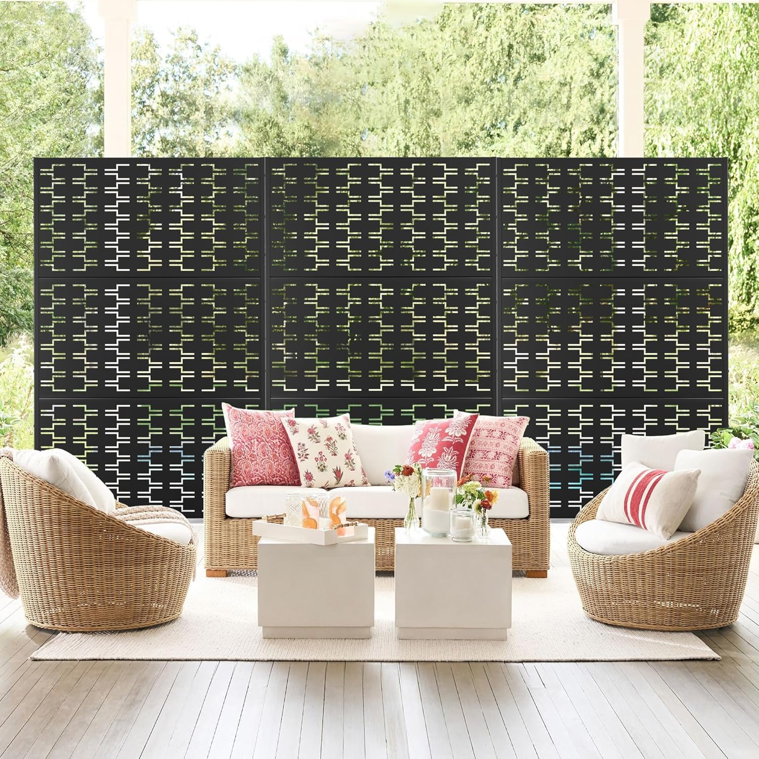 Metal Privacy Screen Outdoor 72" H×47" W, Freestanding Decorative Privacy Screen for Balcony Yard&Garden, Privacy Fence-Black&Brick-VerdiqueGarden