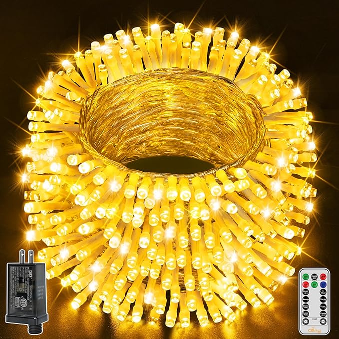 Ollny Christmas Lights Outdoor 400LED 131FT, Warm White Fairy Lights with Remote 3 Timer, Plug in 8 Modes String Lights for Bedroom Indoor Outside House Party Xmas Decorations-VerdiqueGarden