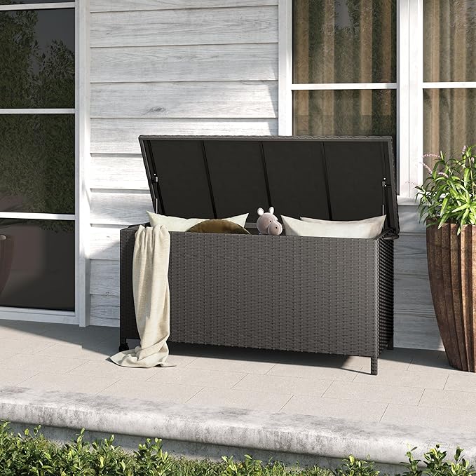 Grand patio 108 Gallon Deck Storage Box Indoor Outdoor Wicker Bin for Patio Furniture Cushions Garden Tools Pool Accessories, Black-VerdiqueGarden