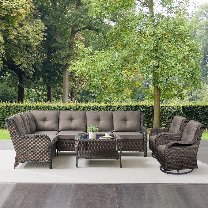 Outdoor Furniture Sectional Sofa L Shaped Couch - Patio Wicker Set with Coffee Table, 3 Piece Rattan Patio Conversation Sets with Gray Cushion for Deck Backyard Sunroom-VerdiqueGarden