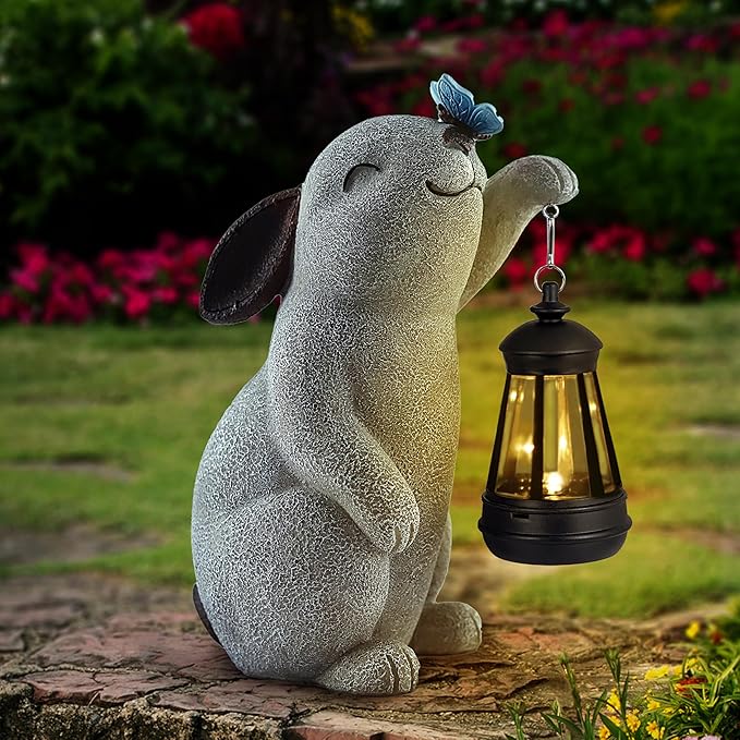 Solar Rabbit Statues for Garden Decor - Outdoor Bunny Figurine with Solar Lantern for Yard Patio Lawn Balcony Ornaments - Garden Gifts for Mothers Day, Grandma, Easter-VerdiqueGarden